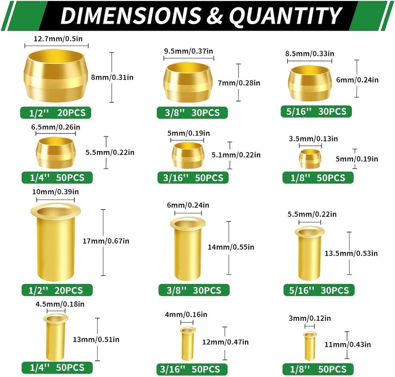 Japtend 460pcs Brass Compression Sleeves Ferrules Inserts Fittings Assortment Kit, 1/2" 3/8" 5/16" 1/4" 3/16" 1/8" 6 Sizes Hose Repair Kit of Air Water Fuel Oil Gas Tube Lines - Image 2